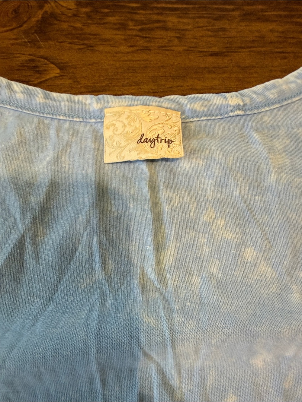 Daytrip Light Blue Scoop Neck Graphic Tee with Black Winged Cross - Picture 2 of 5